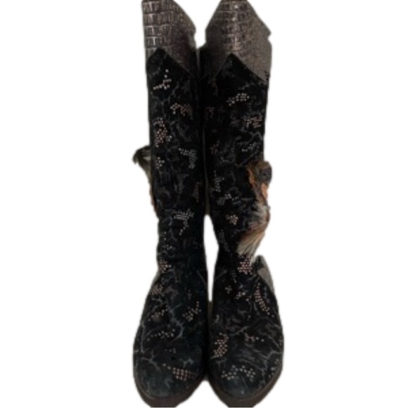 El Verquero luxury Italian embellished black wedge cowboy boots size 7 - Picture 3 of 6